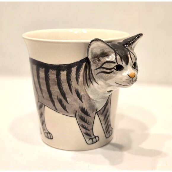 Tabby Kitty Cat Coffee Mug Sea Island Grey Ceramic Hand-Painted 3D - Picture 1 of 5